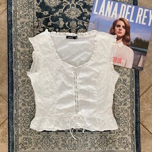 BOO HOO broderie white ruffle lace up crop top